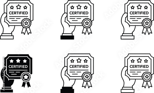 Certified Badge Icons: Hand Holding Certificate with Stars and Ribbons