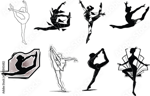 Elegant ballet dancers in diverse artistic styles, silhouette, line art, geometric abstraction, graceful poses, contemporary movement, vector illustration for creative design