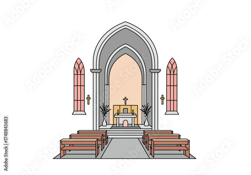 Illustration of a Church Interior with Altar and Pews.