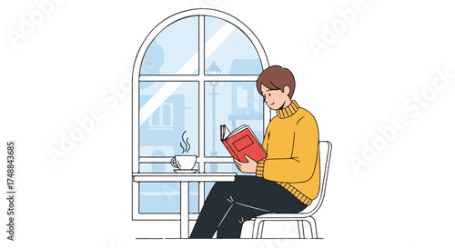 Leisurely reading by the window with coffee: A moment of relaxation and quiet contemplation in a peaceful setting illustration