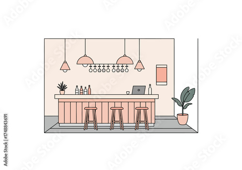 Cozy Bar Interior Illustration with Stools and Plants.