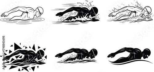 Swimmer silhouette, freestyle stroke illustration, dynamic water motion, abstract sports concept, vector drawing set, athletic movement, artistic style variations, swimming technique
