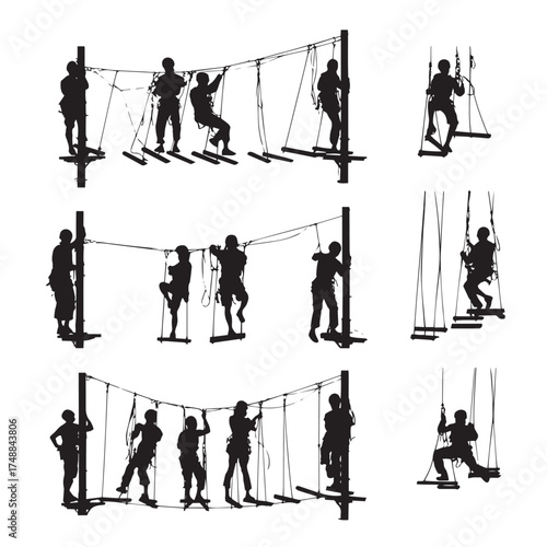 Set of high ropes course adventure activity elements in a black and white silhouette isolated on white background