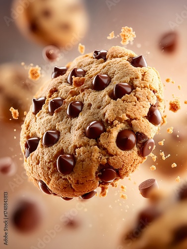 Airborne chocolate cookies surrounded by crumbs and soft light for delicious concept