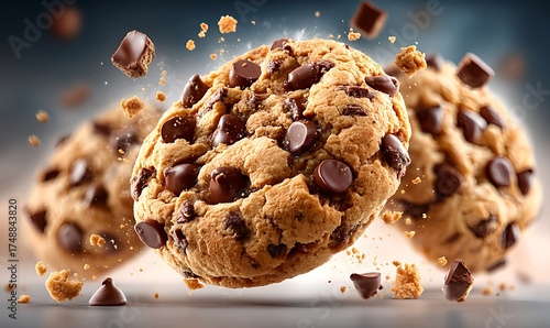 Airborne chocolate cookies surrounded by crumbs and soft light for delicious concept