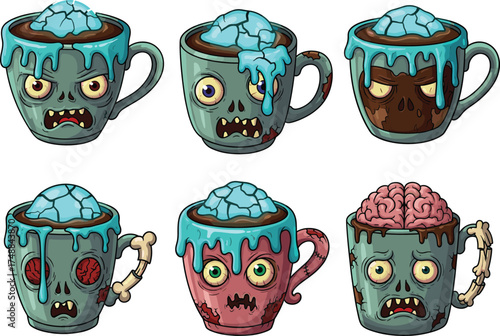 Zombie Coffee Mugs Cartoon Set with Brains, Bones, Goo, Halloween Horror Humor, Creepy Characters, Monster Drinkware, Vector Illustration Pack