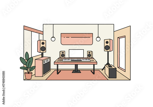 Music Studio Illustration with Keyboard and Speakers.