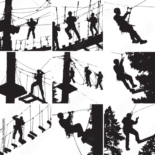 Set of high ropes course adventure park elements in a black and white silhouette isolated on white background