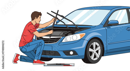 Illustrated scene showcasing a man replacing the windshield wipers on a blue passenger car in an illustrative environment