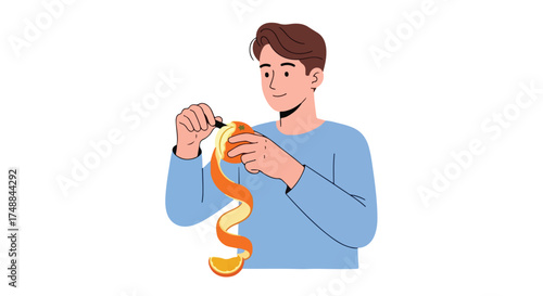 Man peeling an orange with a knife, a healthy snack preparation for a refreshing and tasty citrus experience illustration