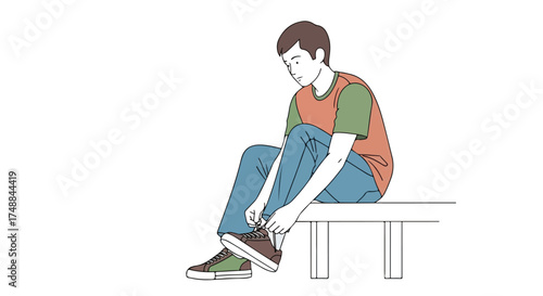 Illustration of a young man seated on a bench tying his shoelaces, depicting a moment of casual activity in a simple style