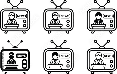 News Broadcast Icons: Vintage TVs with Anchors