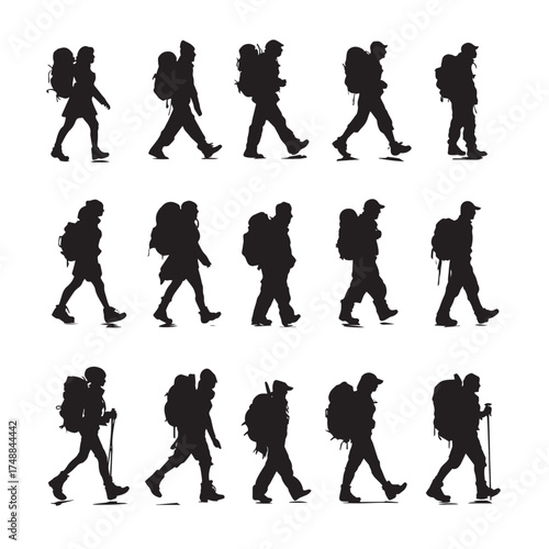 Collection of diverse hiking silhouettes in black and white isolated on white background