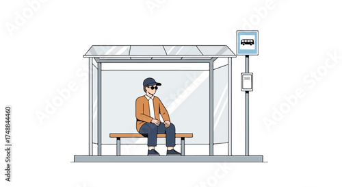 Illustrated scene depicting a man sitting alone at an isolated bus stop waiting for transport, captured in a minimalistic and tranquil composition