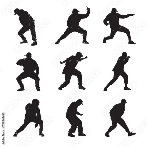 Dynamic hip hop dancer silhouettes in various poses isolated on white background