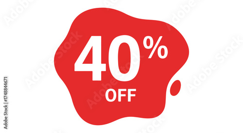 Bold forty percent off promotion graphic for sales events offering discounts, presented on an eye-catching red amorphous shape isolated on a clean