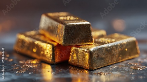 Wallpaper Mural Close-up of shiny gold bars stacked on a dark surface with reflective details and scattered gold dust, symbolizing wealth, investment, prosperity, and luxury Torontodigital.ca