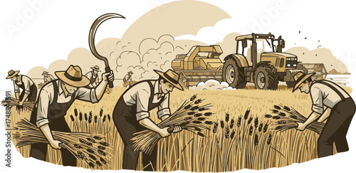 Vintage Farmers Harvesting Wheat with Tractor and Combine Illustration