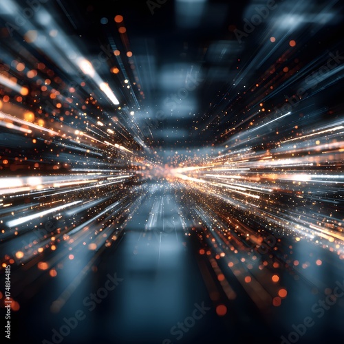 Experience the exhilarating rush of data transfer and digital transformation with vibrant light streaks and glowing particles in a dynamic abstract tunnel.