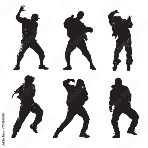 Collection of dynamic hip hop dancer silhouettes in various poses isolated on white background silhouette