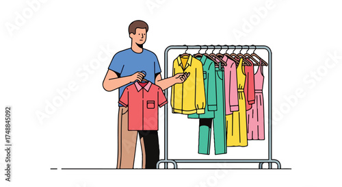 Fashionable man pondering choice in front of a clothes rack offering colorful shirts and dresses for an updated stylish wardrobe