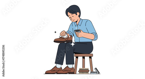 Man carefully polishing his leather shoes with meticulous attention to detail and traditional shoe care items with precision