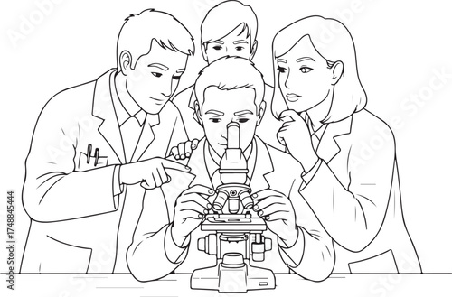 Scientists Collaborating Around Microscope in Line Art