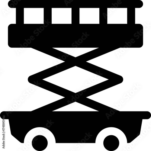 Silhouette of scissor lift. Solid black industrial scissor lifts with extended platforms, safety guardrails, mobile wheels, construction equipment and maintenance machinery. 