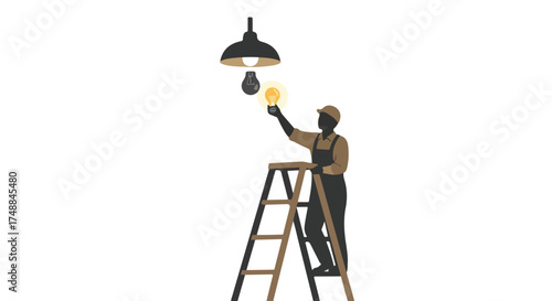 Electrician replacing a light bulb in a hanging lamp while standing on a ladder illustrating home maintenance and repair professional skill