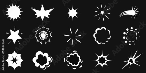 Collection of white comic book explosion and starburst graphic elements on a black background