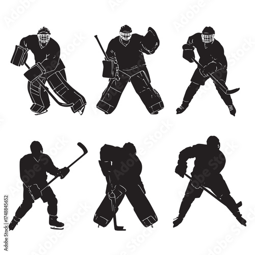 Dynamic hockey goalie silhouette set in action poses isolated on white background