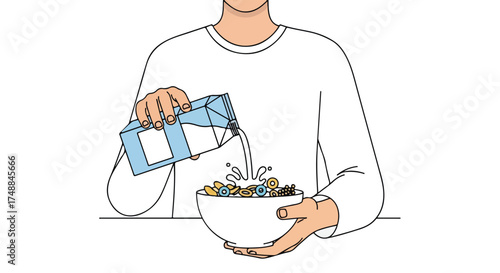 Graphic depiction of pouring dairy-free milk from carton into cereal, a simple illustration breakfast meal for morning nutrition and enjoyment