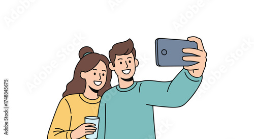 A happy young couple capturing moments together using a smartphone camera, their smiles reflecting joy and camaraderie in a digital snapshot of