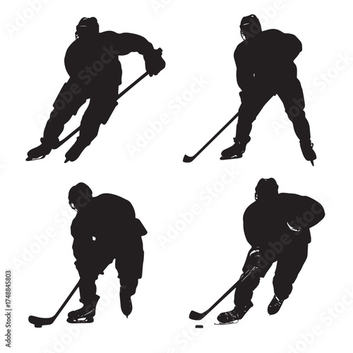 Dynamic hockey player silhouettes in action poses isolated on white background