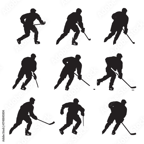 Collection of hockey player silhouettes in dynamic poses isolated on white background