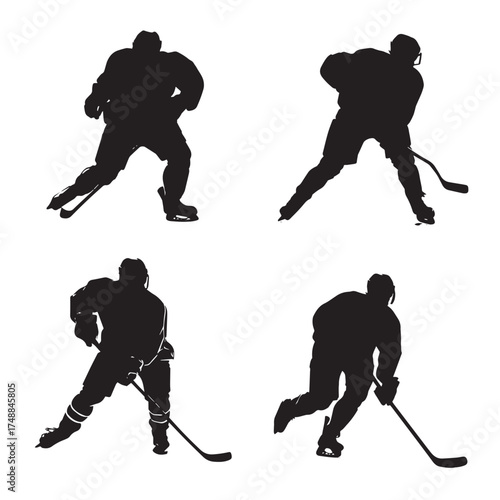 Collection of hockey player silhouettes in dynamic poses isolated on white background