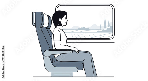 Illustration depicting a woman peacefully observing countryside through a train window during her journey