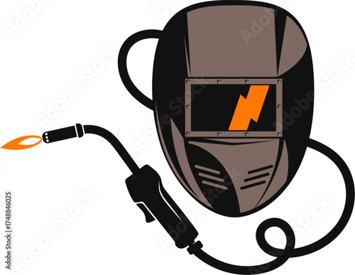 Gas cutter and welding helmet. welding mask with burner. Welding isolated icon, welder linear symbol, welding mask and torch vector icon with editable stroke