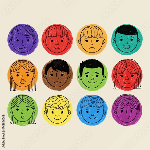 Colorful Faces Expressing Diverse Emotions in a Circular Arrangement.