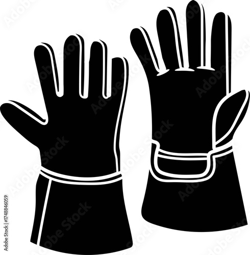 welding gloves silhouette. Winter ski gloves. Pair of heavy duty protective gloves, designed for industrial or sports use, illustrated in a minimalist black and white style