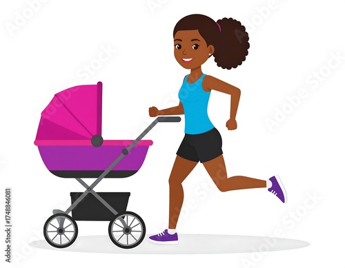 A smiling dark-skinned woman in athletic attire pushes a vibrant pink and purple stroller while jogging, showcasing a healthy and active lifestyle.