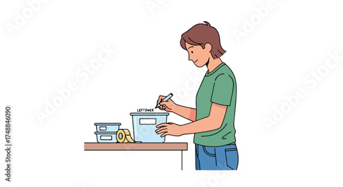 Illustrative scene depicting a person labeling food containers to organize leftovers in the kitchen setting for storage purposes at home and being