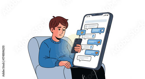 Cartoon man receiving negative social media feedback on his phone illustration, a modern age communication and digital interaction concept