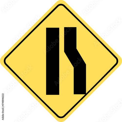 Road narrows merge sign. road narrows traffic warning sign, yellow diamond-shaped caution symbol indicating reduced lane width ahead. Road narrows merging traffic lane ends warning sign. 