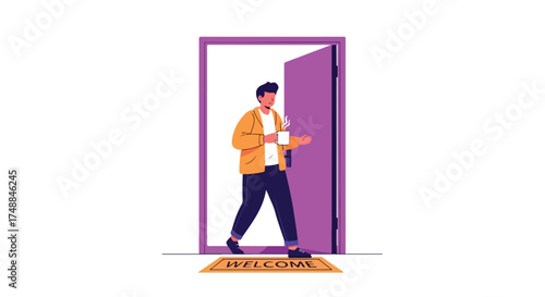 Man with morning coffee entering an open door frame with a welcoming mat on the floor in a minimalist style