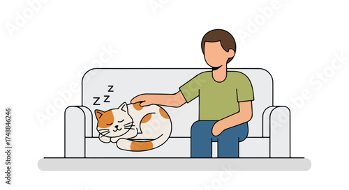 Illustrative scene showcasing a resting ginger and white cat being caressed by its faceless human companion on a couch representing bond