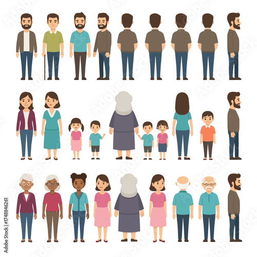 Diverse Cartoon Family Characters - Generations and Relationships.