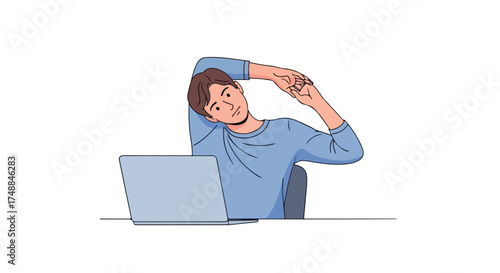 Man performing neck stretches at his desk for health and wellness at the workplace and maintaining wellbeing with physical activity during remote work