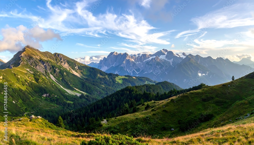 Obraz premium A sweeping vista of lush green hills and valleys cascading into a majestic mountain range, painted with vibrant hues of nature under a brilliant sky.