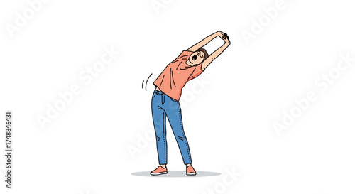Illustrated woman stretching sideways for exercise and well-being in casual clothing with hand raised for physical fitness and flexibility routine